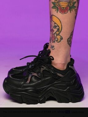 Black Platform Rave Lace-Up Sneakers with Rhinestones